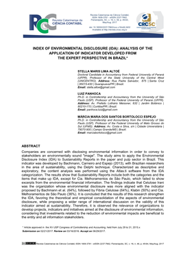 Index of Environmental Disclosure (Ida): Analysis of the Application of Indicator Developed from the Expert Perspective in Brazil*