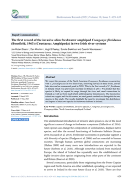 The First Record of the Invasive Alien Freshwater Amphipod Crangonyx Floridanus (Bousfield, 1963) (Crustacea: Amphipoda) in Two Irish River Systems