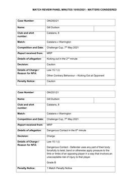 Match Review Panel Minutes 10/05/2021 - Matters Considered