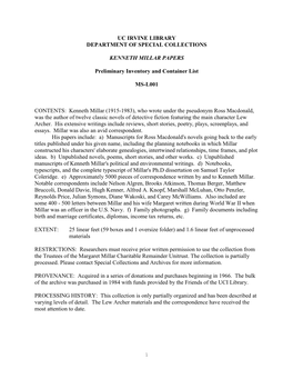 UC IRVINE LIBRARY DEPARTMENT of SPECIAL COLLECTIONS KENNETH MILLAR PAPERS Preliminary Inventory and Container List MS-L001 CONTE