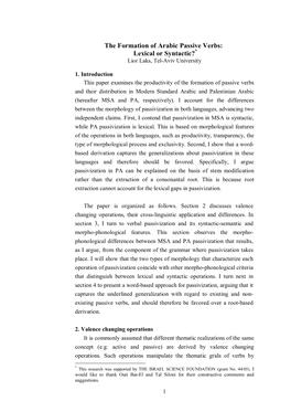 The Formation of Arabic Passive Verbs: Lexical Or Syntactic?* Lior Laks, Tel-Aviv University