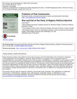 Problems of Post-Communism Rise and Fall of the Party of Regions Political Machine