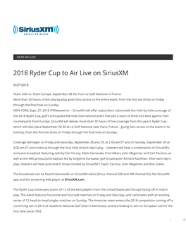 2018 Ryder Cup to Air Live on Siriusxm