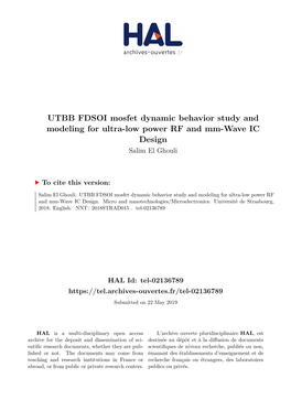 UTBB FDSOI Mosfet Dynamic Behavior Study and Modeling for Ultra-Low Power RF and Mm-Wave IC Design Salim El Ghouli
