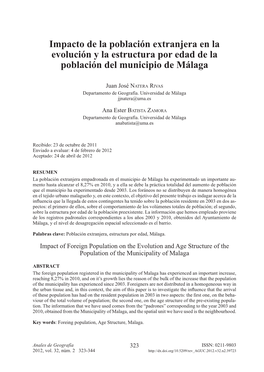 Impacto De La Población Extranjera En La Evolución Y La Estructura Por Edad De La Población Del Municipio De Málaga