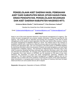 Pengelolaan Aset Daerah Hasil Pemisahan Aset Dari Kabupaten Induk (Studi Kasus Pada Dinas Pendapatan, Pengelolaan Keuangan Dan Aset Daerah Kabupaten Nagekeo-Ntt)