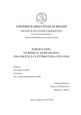 Emilio Lussu. Un Reduce Antifascista Fra Politica E Letteratura (1933-1938)