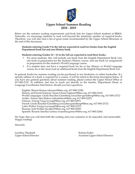 Upper School Summer Reading 2018 – 2019