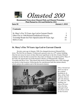 Olmsted 200 Bicentennial Notes About Olmsted Falls and Olmsted Township – First Farmed in 1814 and Settled in 1815 Issue 56 January 1, 2018