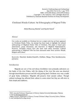 Cholistani Hindu Culture: an Ethnography of Megwal Tribe