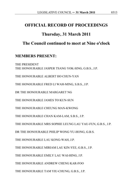 OFFICIAL RECORD of PROCEEDINGS Thursday, 31