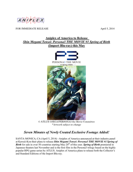 Aniplex of America to Release Shin Megami Tensei: Persona3 the MOVIE #1 Spring of Birth (Import Blu-Ray) This May