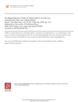 The Magical Mystery World of Claude Chabrol: an Interview Author(S): Dan Yakir and Claude Chabrol Source: Film Quarterly, Vol
