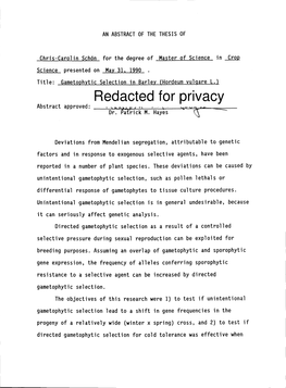 Gametophytic Selection in Barley (Hordeum Vulgare L.) Redacted for Privacy Abstract Approved: Dr