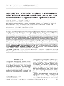 Phylogeny and Taxonomy of the Genera of South-Western North American Euctenizinae Trapdoor Spiders and Their Relatives (Araneae: Mygalomorphae, Cyrtaucheniidae)