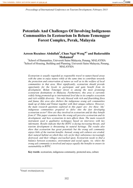 Potentials and Challenges of Involving Indigenous Communities in Ecotourism in Belum-Temenggor Forest Complex, Perak, Malaysia