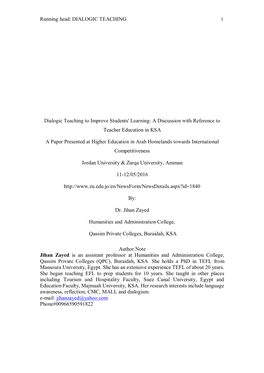 Dialogic Teaching to Improve Students' Learning: a Discussion with Reference to Teacher Education in KSA