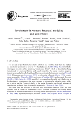 Psychopathy in Women: Structural Modeling and Comorbidity