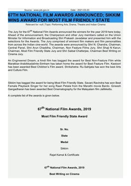67TH NATIONAL FILM AWARDS ANNOUNCED; SIKKIM WINS AWARD for MOST FILM FRIENDLY STATE Relevant For: Null | Topic: Performing Arts, Drama, Theatre and Indian Cinema