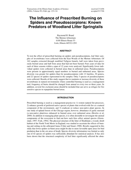 The Influence of Prescribed Burning on Spiders and Pseudoscorpions: Known Predators of Woodland Litter Springtails