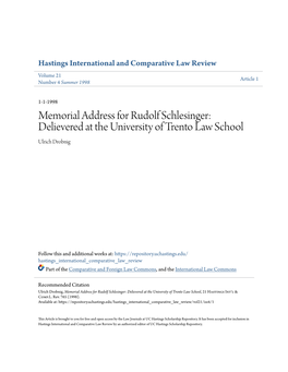 Memorial Address for Rudolf Schlesinger: Delievered at the University of Trento Law School Ulrich Drobnig