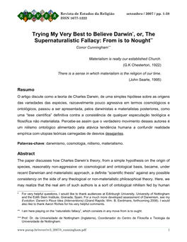 Trying My Very Best to Believe Darwin*, Or, the Supernaturalistic Fallacy: from Is to Nought** Conor Cunningham***