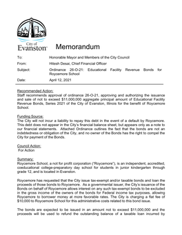 Ordinance 26-O-21: Educational Facility Revenue Bonds for Roycemore School Date: April 12, 2021