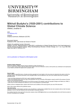 Mikhail Budyko's (1920-2001) Contributions to Global Climate Science Oldfield, Jonathan D