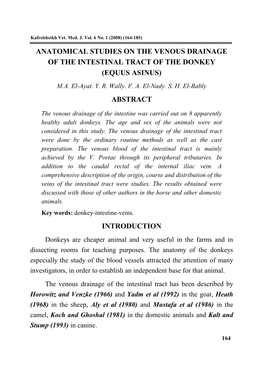 Anatomical Studies on the Venous Drainage of the Intestinal Tract of the Donkey (Equus Asinus) M.A