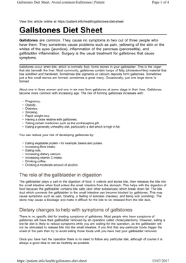 Gallstones Diet Sheet