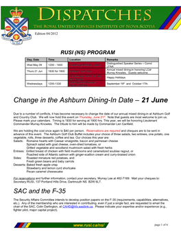 Change in the Ashburn Dining-In Date – 21 June