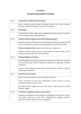 SYLLABUS DATABASE MANAGEMENT SYSTEMS Unit