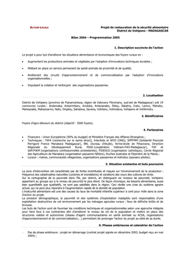 Projet De Restauration De La Sécurité Alimentaire District De Vohipeno - MADAGASCAR