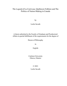 The Legend of La Corriveau: Québécois Folklore and the Politics of Nation-Making in Canada