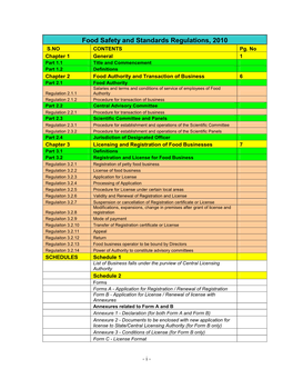 Food Safety and Standards Regulations, 2010 S.NO CONTENTS Pg