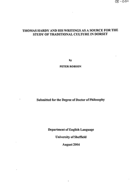 Thomas Hardy and His Writings As a Source for the Study of Traditional Culture in Dorset