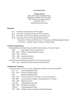 Thomas Schatz Mary Gibbs Jones Centennial Chair Department of Radio-Television-Film the University of Texas at Austin Austin TX 78712 Tschatz@Austin.Utexas.Edu