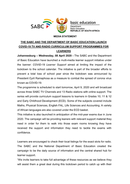 The Sabc and the Department of Basic Education Launch Covid-19 Tv And