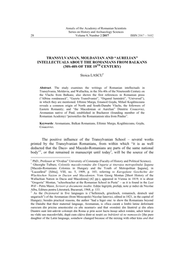 TRANSYLVANIAN, MOLDAVIAN and “AURELIAN” INTELLECTUALS ABOUT the ROMANIANS from BALKANS (30S-40S of the 19 CENTURY) Stoica LA