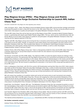 Play Magnus Group (PMG) - Play Magnus Group and Mobile Premier League Forge Exclusive Partnership to Launch MPL Indian Chess Tour