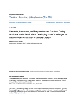 Protocols, Awareness, and Preparedness of Dominica During Hurricane Maria: Small Island Developing States' Challenges to Resiliency and Adaptation to Climate Change