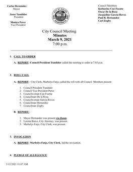 City Council Meeting Minutes March 9, 2021 7:00 P.M