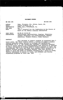 AUTHOR TITLE PUB DATE NOTE EDRS PRICE ABSTRACT Major Parts. the First Section Offers a Listing of Womengs Studies Throughout