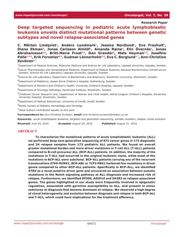 Deep Targeted Sequencing in Pediatric Acute Lymphoblastic Leukemia Unveils Distinct Mutational Patterns Between Genetic Subtypes and Novel Relapse-Associated Genes