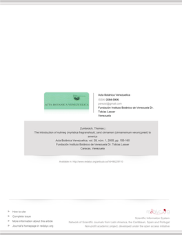 The Introduction of Nutmeg (Myristica Fragranshoutt.) and Cinnamon (Cinnamomum Verumj.Presl) to America Acta Botánica Venezuelica, Vol