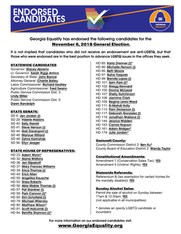 Georgia Equality Has Endorsed the Following Candidates for The