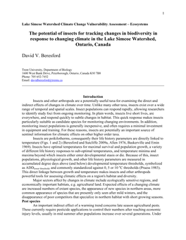 The Potential of Insects for Tracking Changes in Biodiversity in Response to Changing Climate in the Lake Simcoe Watershed, Ontario, Canada