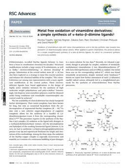 Metal Free Oxidation of Vinamidine Derivatives: a Simple Synthesis of Α-Keto-Β-Diimine Ligands