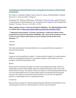 Underutilization of Mental Health Services Among Bereaved Caregivers with Prolonged Grief Disorder