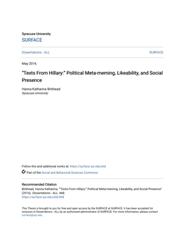 Texts from Hillary:” Political Meta-Meming, Likeability, and Social Presence